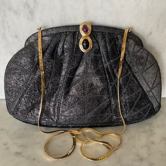 JUDITH LIEBER Vintage Minaudière Black Metallic Suede Gemstone Clasp Purse - Picture 1 of 17